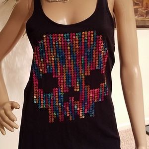 BOGO Iron Fist sequined colorful skull flowy top